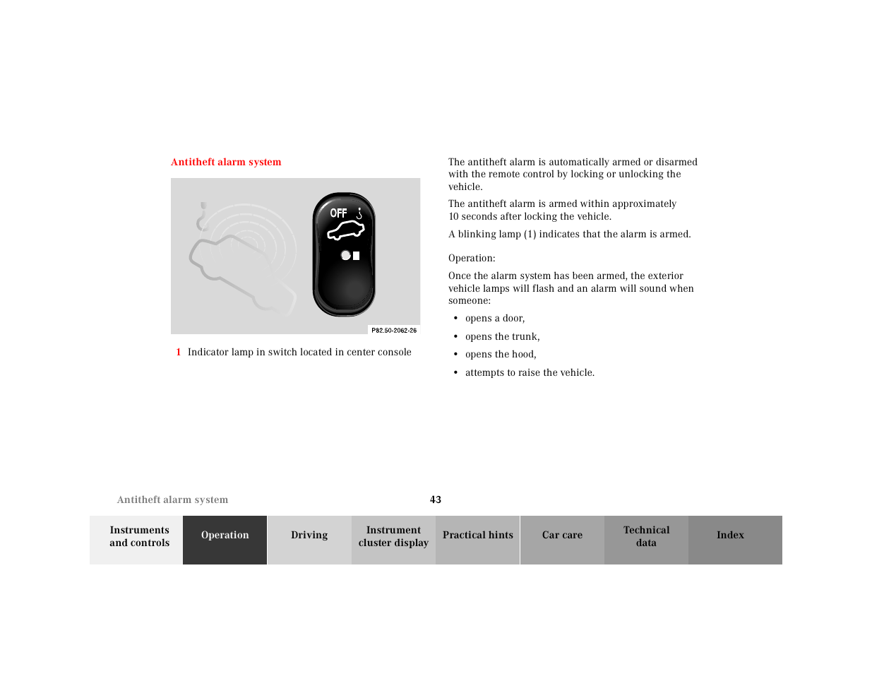 Antitheft alarm system, Graphic, Operation | Opens a door, Opens the trunk, Opens the hood, Attempts to raise the vehicle | Mercedes-Benz 2001 E-Class User Manual | Page 46 / 341