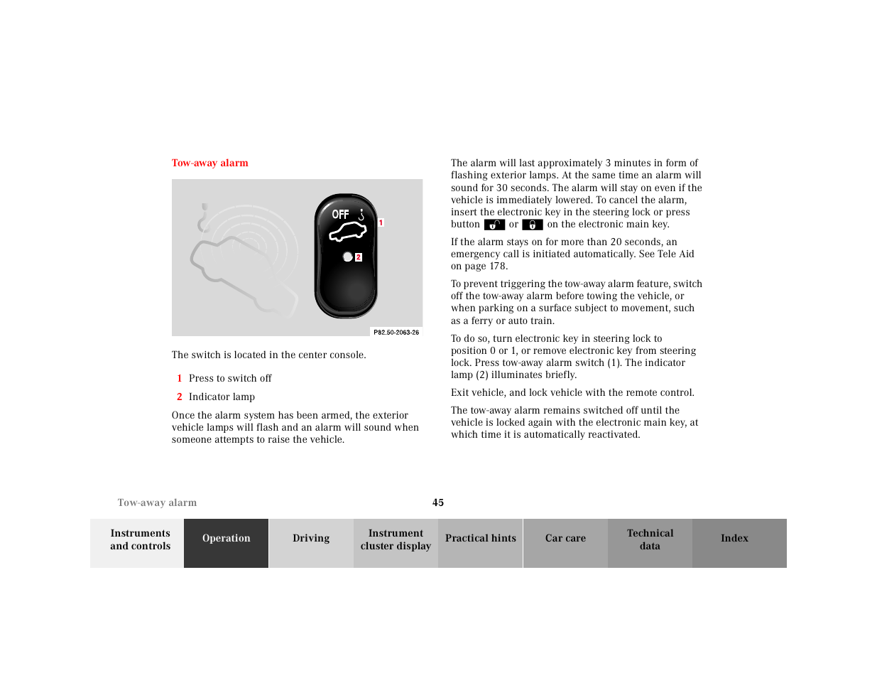 Tow-away alarm, Graphic, The switch is located in the center console | 1 press to switch off, 2 indicator lamp | Mercedes-Benz 2001 E-Class User Manual | Page 48 / 341