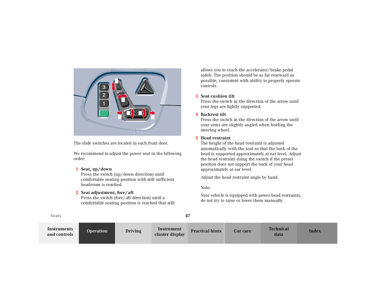 Graphic, P54.00-2074-26, 1 seat, up/down | 2 seat adjustment, fore/aft, 3 seat cushion tilt, 4 backrest tilt, 5 head restraint, Adjust the head restraint angle by hand, Note | Mercedes-Benz 2001 E-Class User Manual | Page 50 / 341