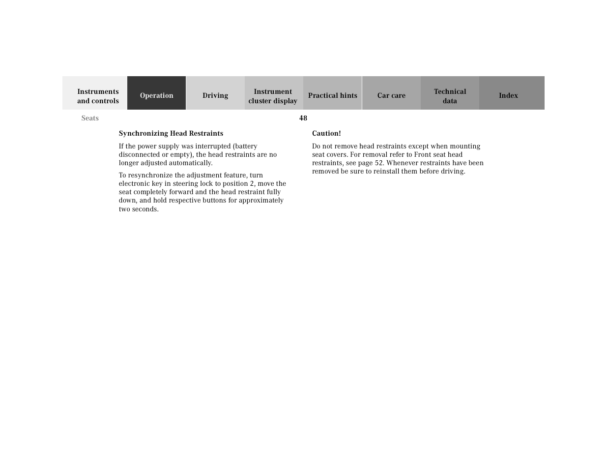 Head restraints:synchronizing, Caution | Mercedes-Benz 2001 E-Class User Manual | Page 51 / 341