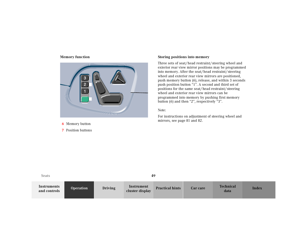 Seats:memory function, Graphic, 6 memory button | 7 position buttons, Memory:storing, Note | Mercedes-Benz 2001 E-Class User Manual | Page 52 / 341