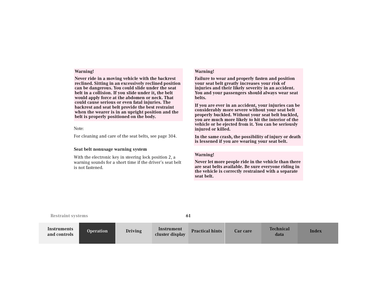 Table, Table body, Table row | Warning, Note, Seat belt nonusage warning system | Mercedes-Benz 2001 E-Class User Manual | Page 64 / 341