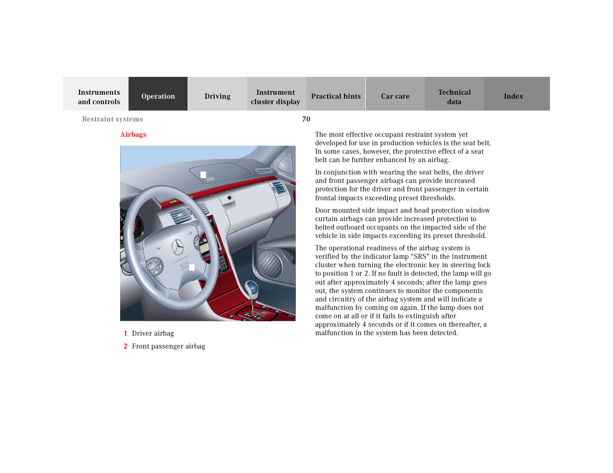 Airbags, Graphic, 1 driver airbag | 2 front passenger airbag | Mercedes-Benz 2001 E-Class User Manual | Page 73 / 341