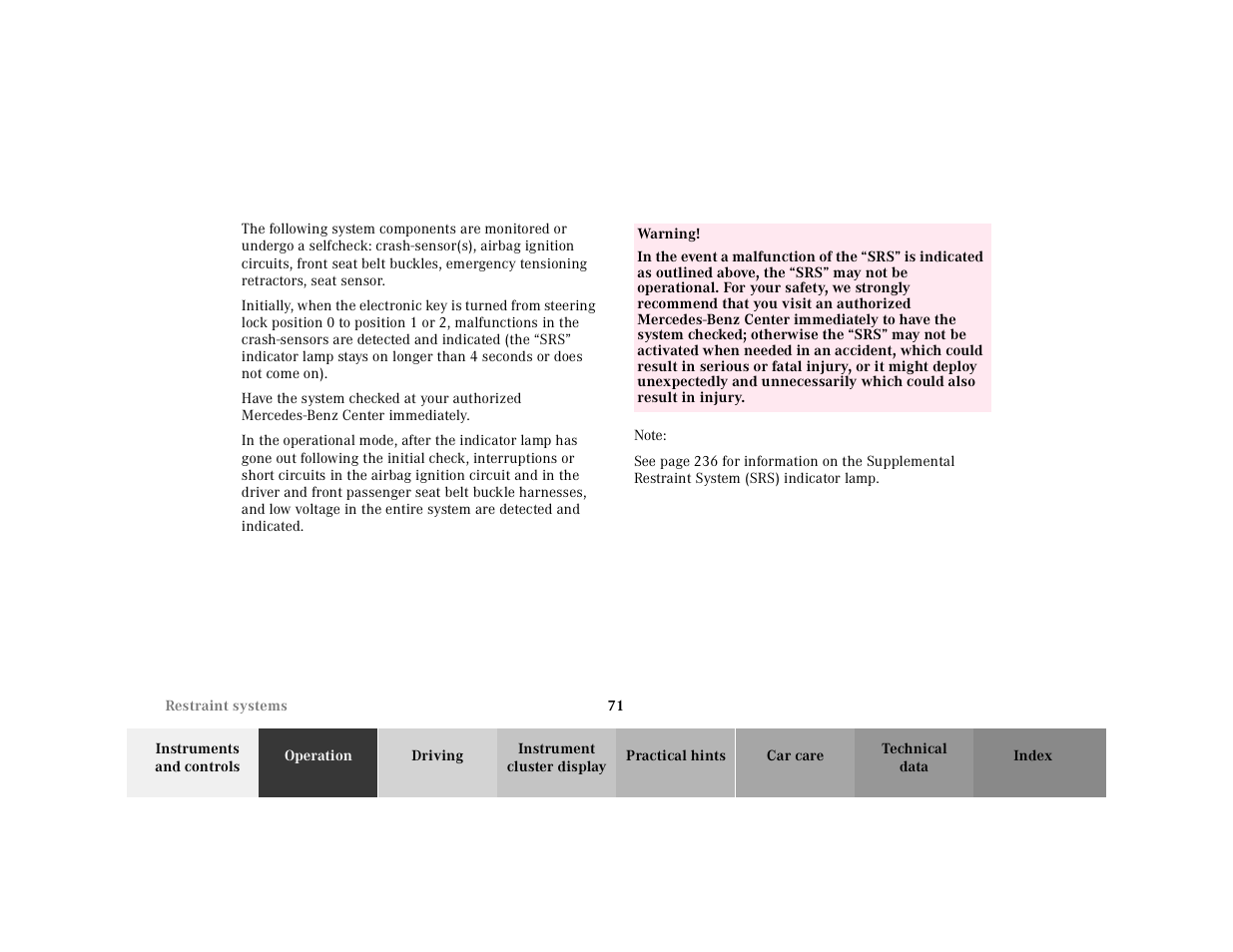 Table, Table body, Table row | Warning, In the event a malfunction of the, Note | Mercedes-Benz 2001 E-Class User Manual | Page 74 / 341