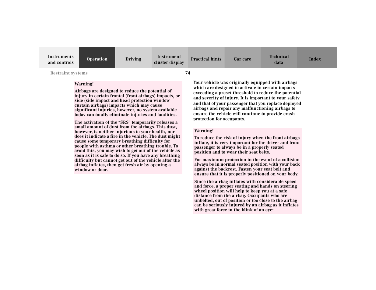 Table row, Warning, The activation of the | Table, Table body | Mercedes-Benz 2001 E-Class User Manual | Page 77 / 341