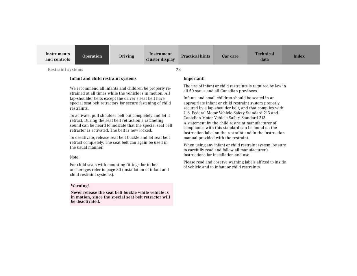 Infant and child restraint systems, Note, Table | Table body, Table row, Warning, Important | Mercedes-Benz 2001 E-Class User Manual | Page 81 / 341