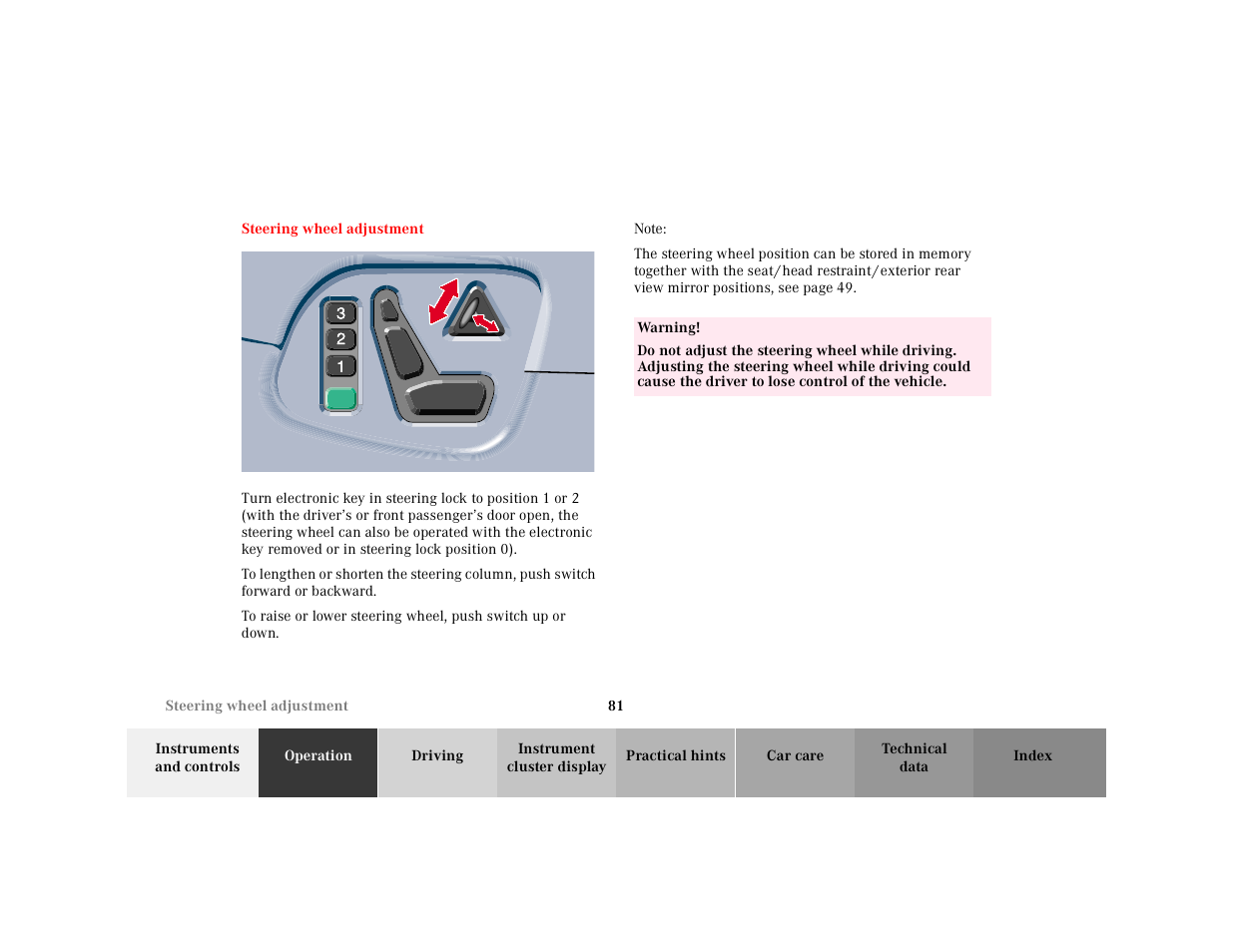 Steering wheel adjustment, Graphic, Note | Memory, Table, Table body, Table row, Warning | Mercedes-Benz 2001 E-Class User Manual | Page 84 / 341