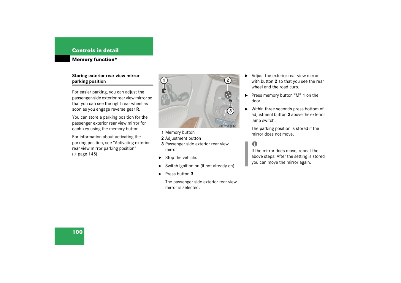 Storing exterior rear view mirror parking position | Mercedes-Benz 2003 C-Class User Manual | Page 100 / 376