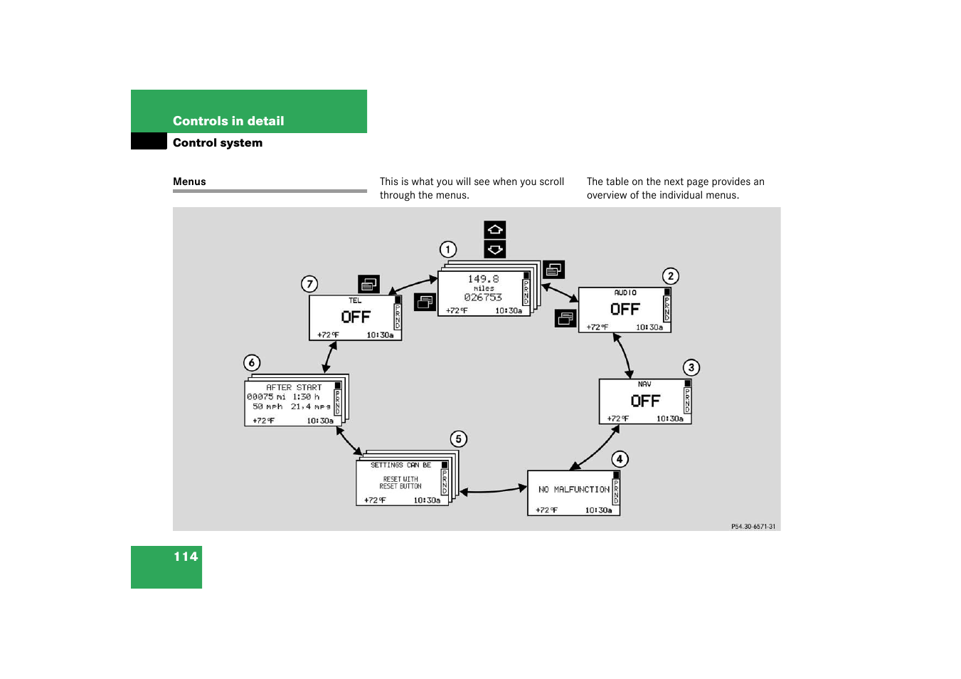 Control system:menus;menus:in control system, Menus | Mercedes-Benz 2003 C-Class User Manual | Page 114 / 376