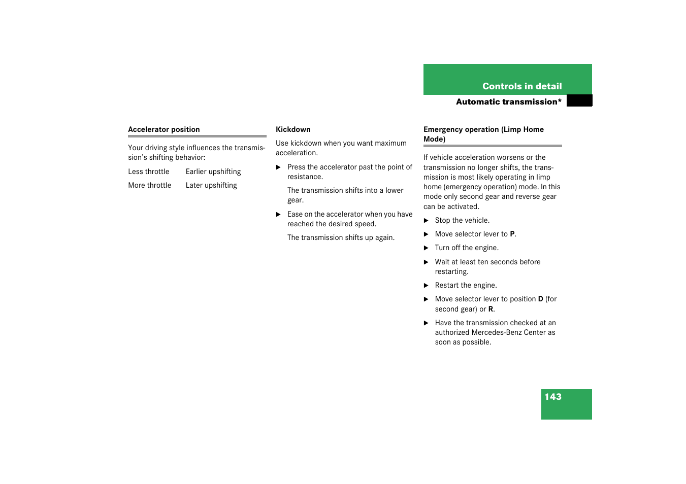 Automatic transmission:gear shifting malfunctions | Mercedes-Benz 2003 C-Class User Manual | Page 143 / 376