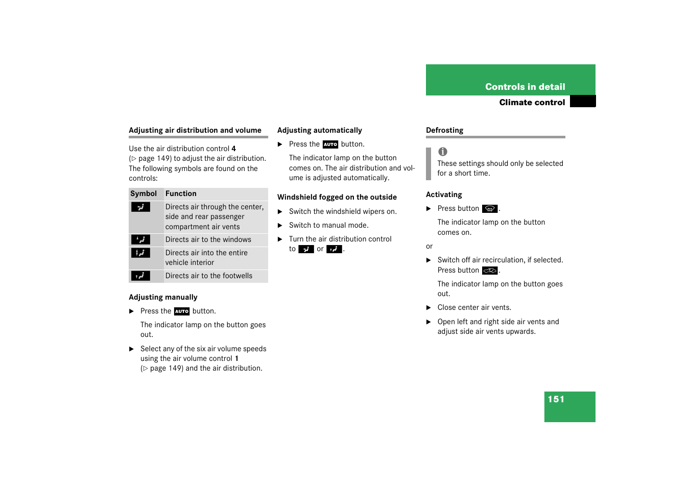 Defrosting;climate control:defrosting, Adjusting air distribution and volume defrosting | Mercedes-Benz 2003 C-Class User Manual | Page 151 / 376