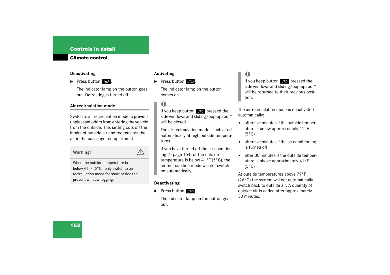 Air recirculation mode | Mercedes-Benz 2003 C-Class User Manual | Page 152 / 376