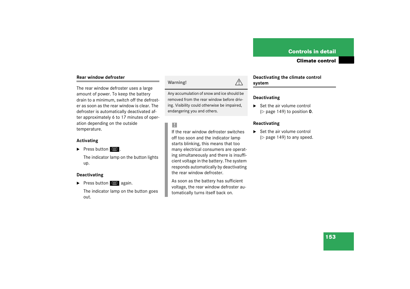 Deactivating the climate control system | Mercedes-Benz 2003 C-Class User Manual | Page 153 / 376