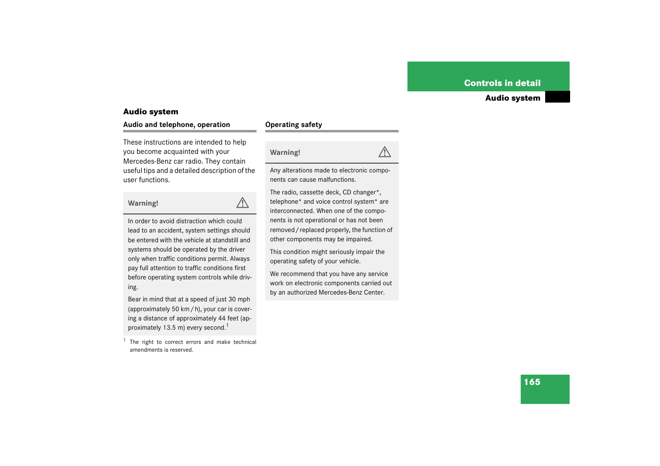 Audio system, Audio and telephone, operation operating safety | Mercedes-Benz 2003 C-Class User Manual | Page 165 / 376