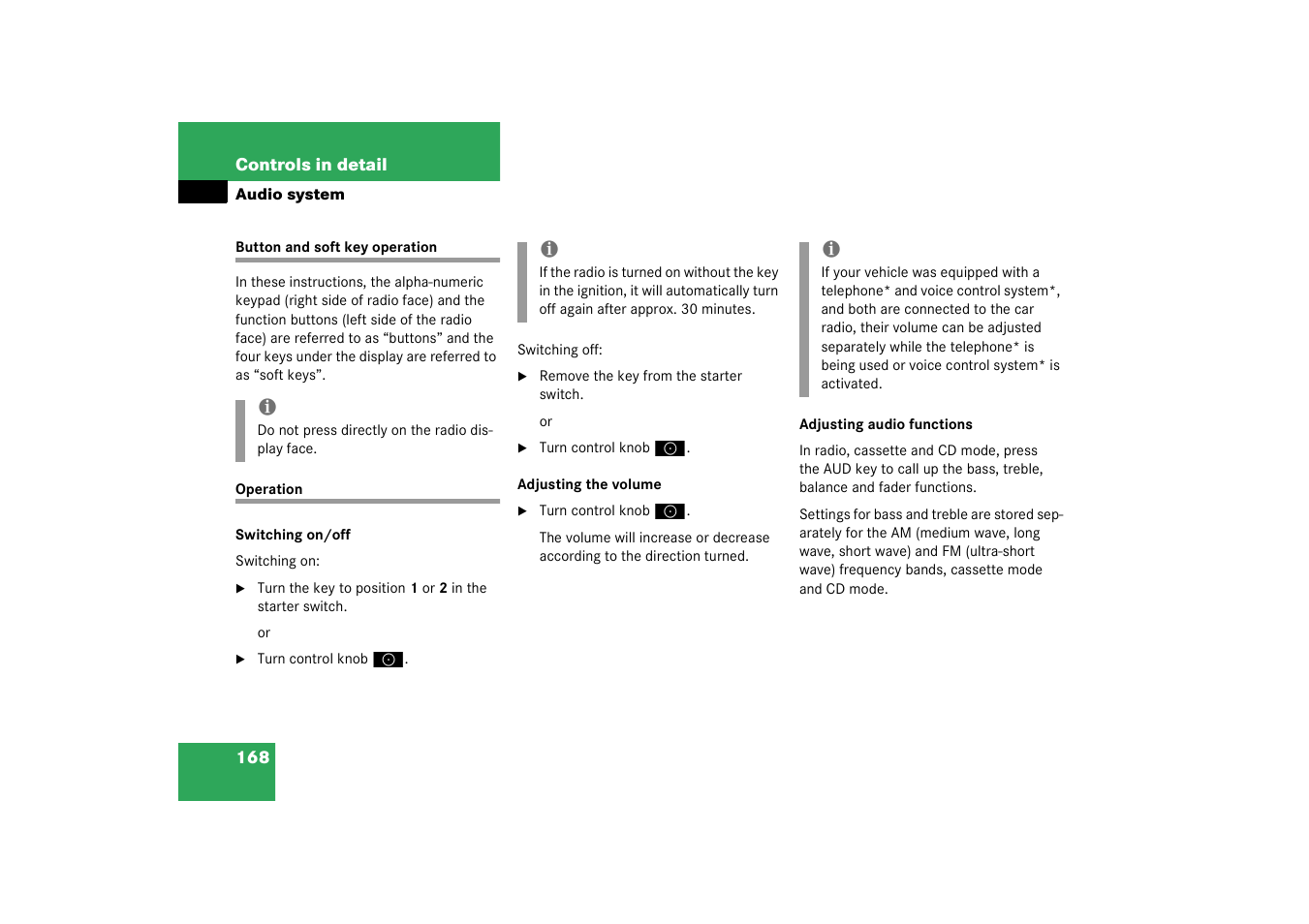 Audio system:operation, Button and soft key operation operation | Mercedes-Benz 2003 C-Class User Manual | Page 168 / 376