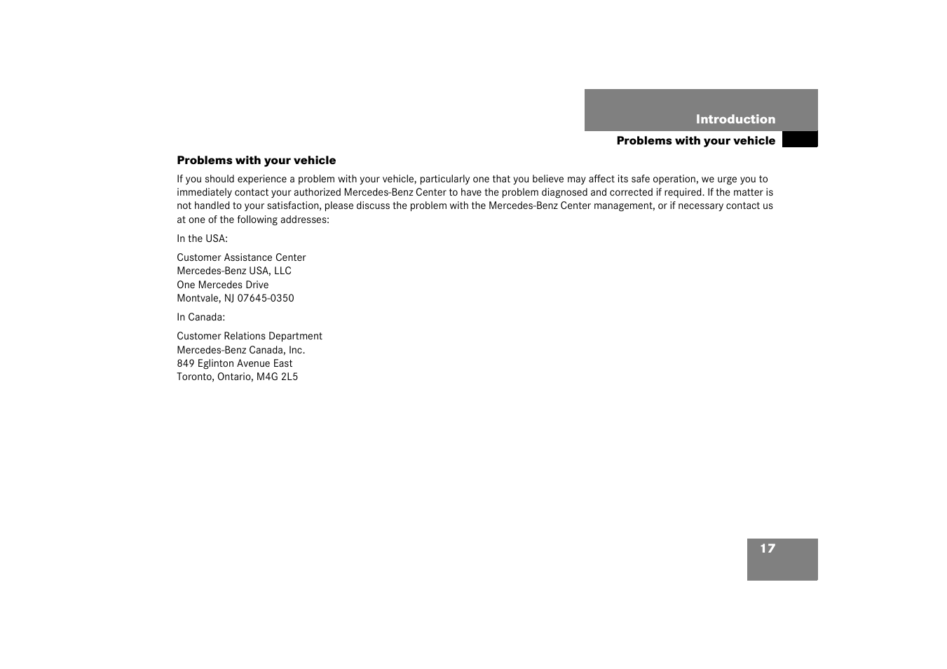 Problems:with vehicle, Problems with your vehicle | Mercedes-Benz 2003 C-Class User Manual | Page 17 / 376