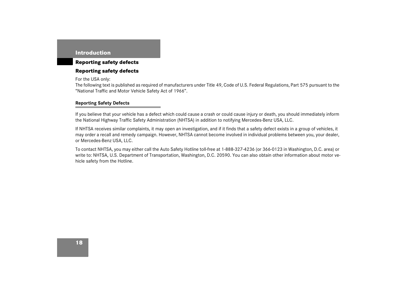 Safety defects:reporting;reporting:safety defects, Reporting safety defects | Mercedes-Benz 2003 C-Class User Manual | Page 18 / 376