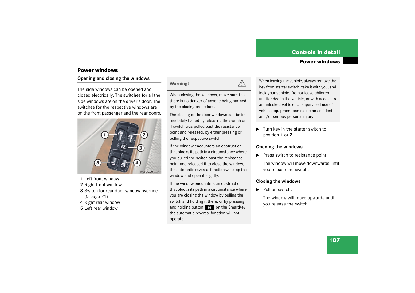 Power windows;power windows:side windows, Power windows, Opening and closing the windows 187 | Mercedes-Benz 2003 C-Class User Manual | Page 187 / 376