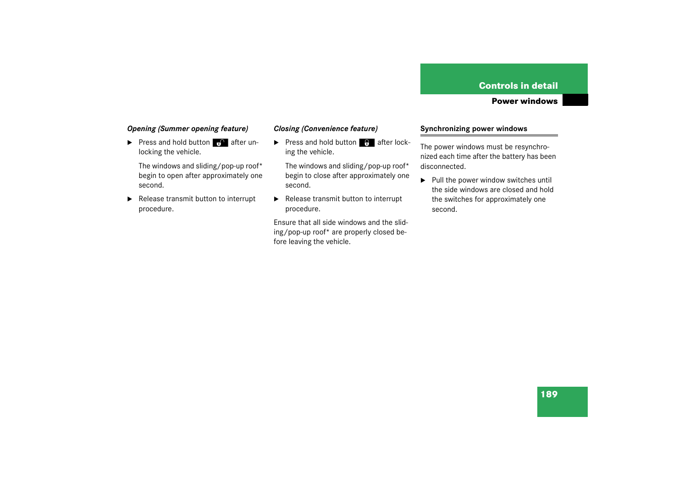Synchronizing power windows | Mercedes-Benz 2003 C-Class User Manual | Page 189 / 376
