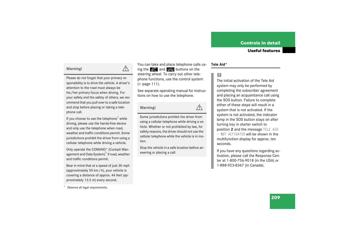 Tele aid*;useful features:tele aid, Tele aid | Mercedes-Benz 2003 C-Class User Manual | Page 209 / 376