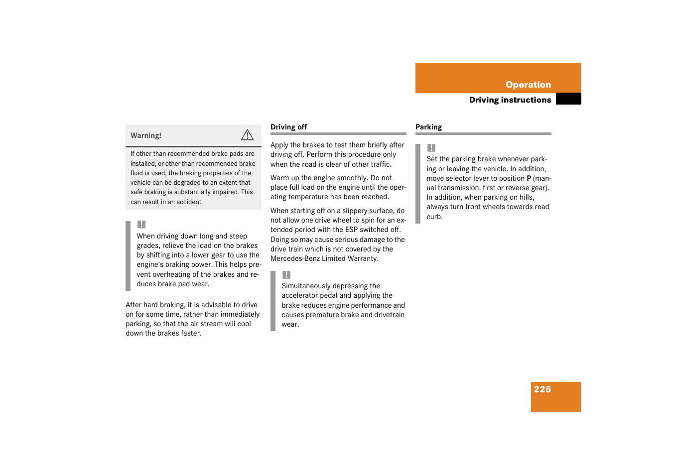 Driving off, Parking, Driving off parking | Mercedes-Benz 2003 C-Class User Manual | Page 225 / 376