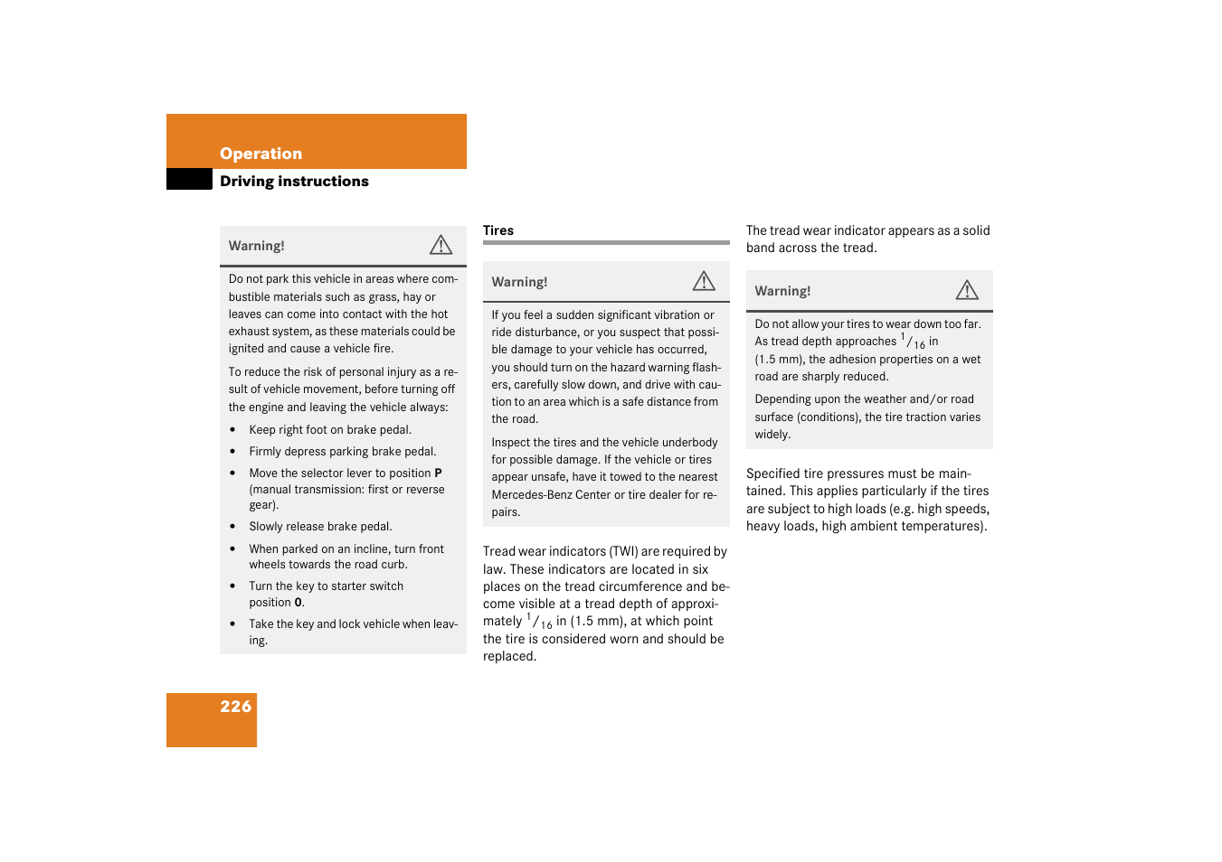 Tires:driving instructions, Tires | Mercedes-Benz 2003 C-Class User Manual | Page 226 / 376