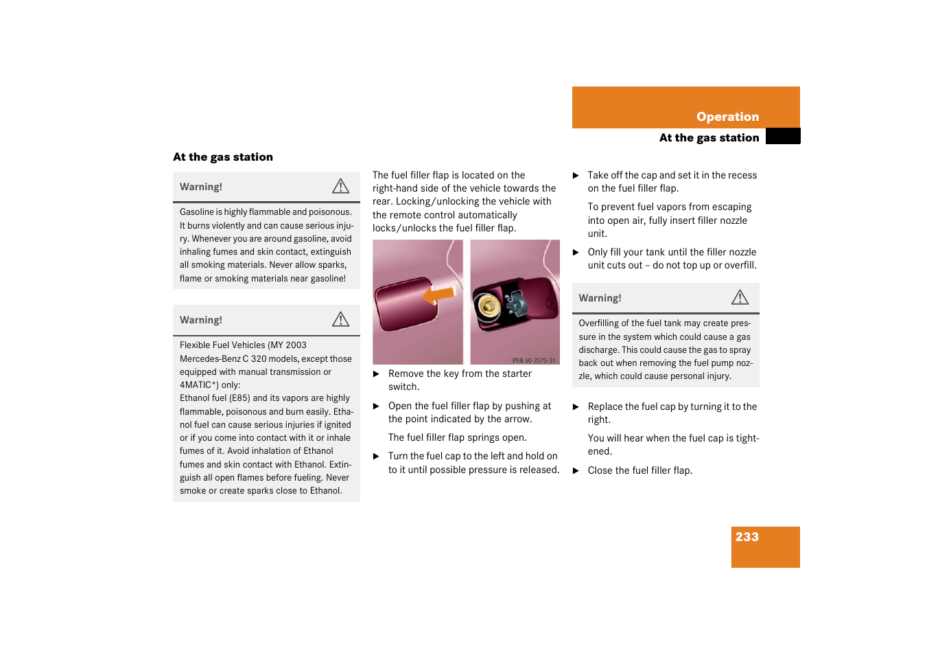 Tanken, At the gas station | Mercedes-Benz 2003 C-Class User Manual | Page 233 / 376