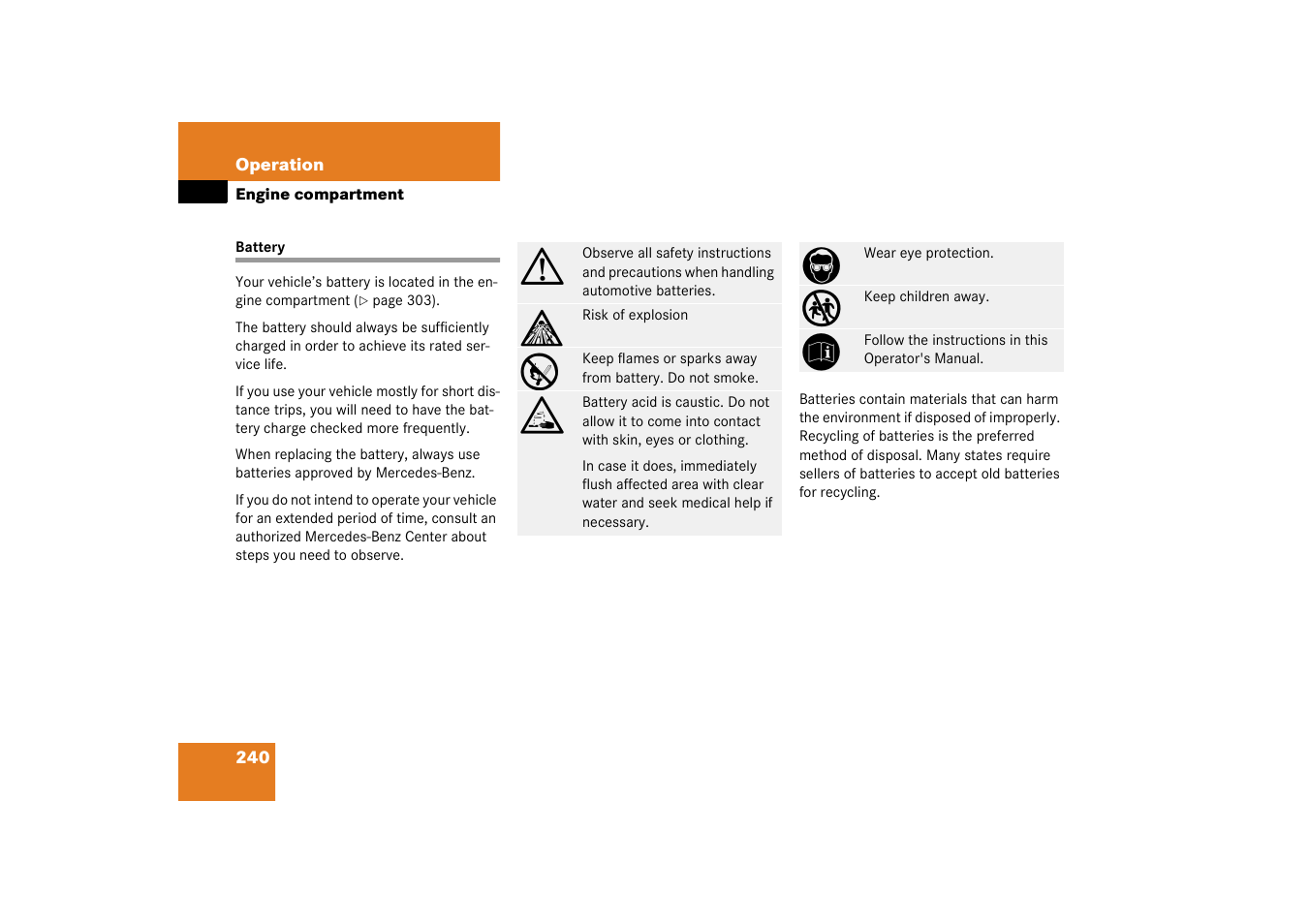 Battery, vehicle, Battery | Mercedes-Benz 2003 C-Class User Manual | Page 240 / 376