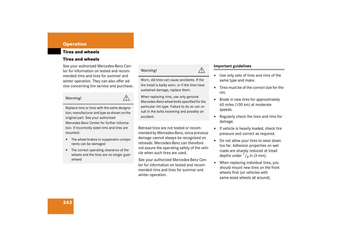 Tires;wheels:tires and wheels, Important guidelines, Tires and wheels | Mercedes-Benz 2003 C-Class User Manual | Page 242 / 376