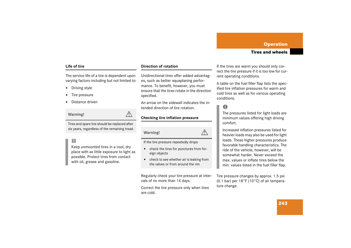 Service life (tires);tires:service life | Mercedes-Benz 2003 C-Class User Manual | Page 243 / 376