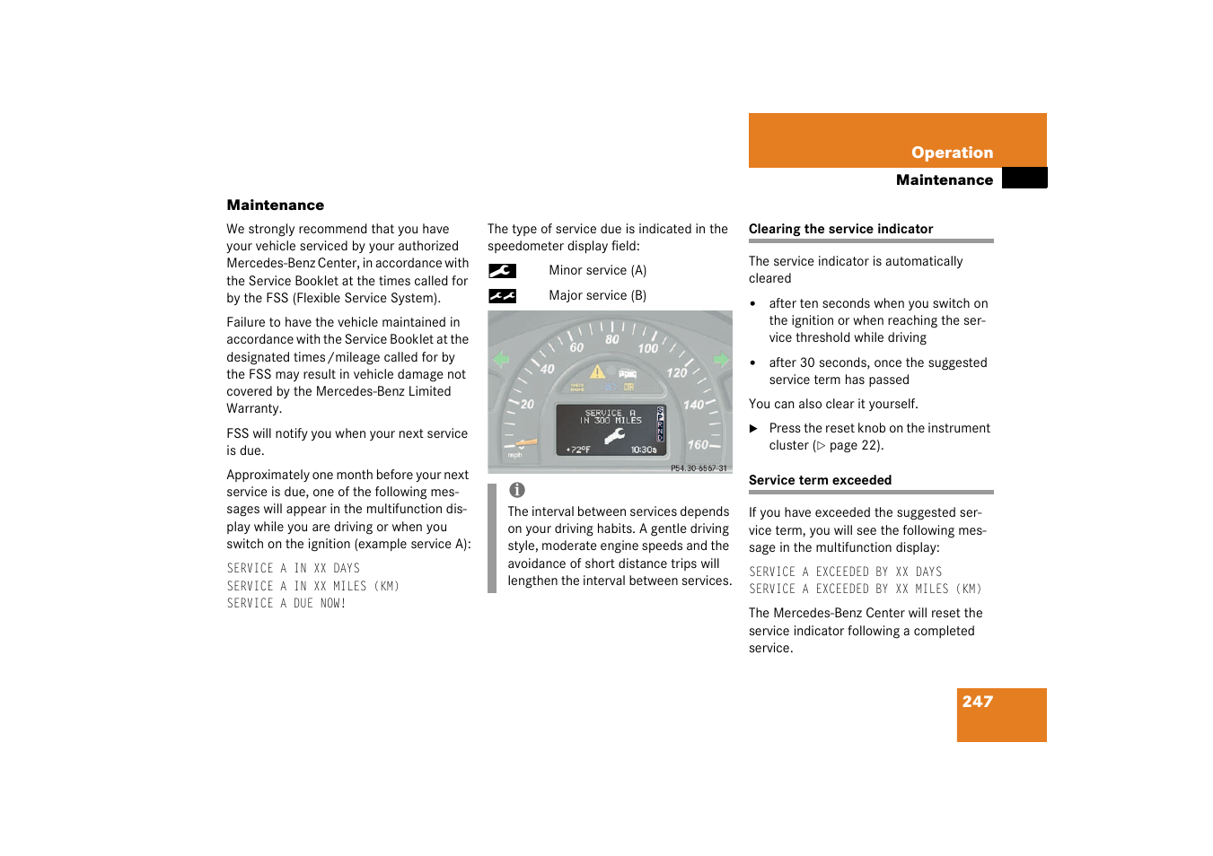 Maintenance;service see maintenance, Service indicator:clearing, Service:overdue;overdue service;service:types | Maintenance | Mercedes-Benz 2003 C-Class User Manual | Page 247 / 376