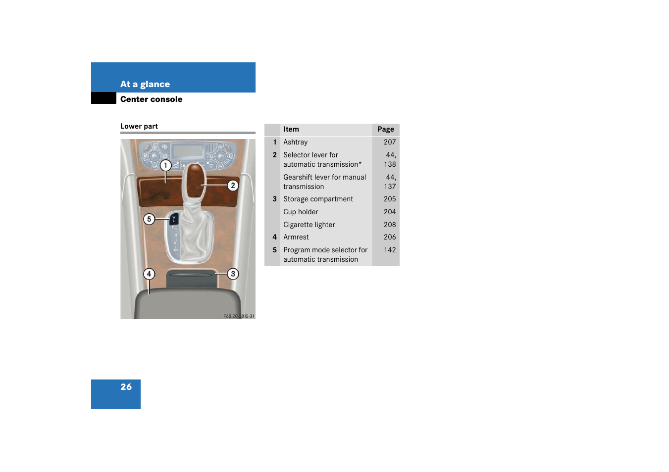 Center console:lower part, Lower part | Mercedes-Benz 2003 C-Class User Manual | Page 26 / 376
