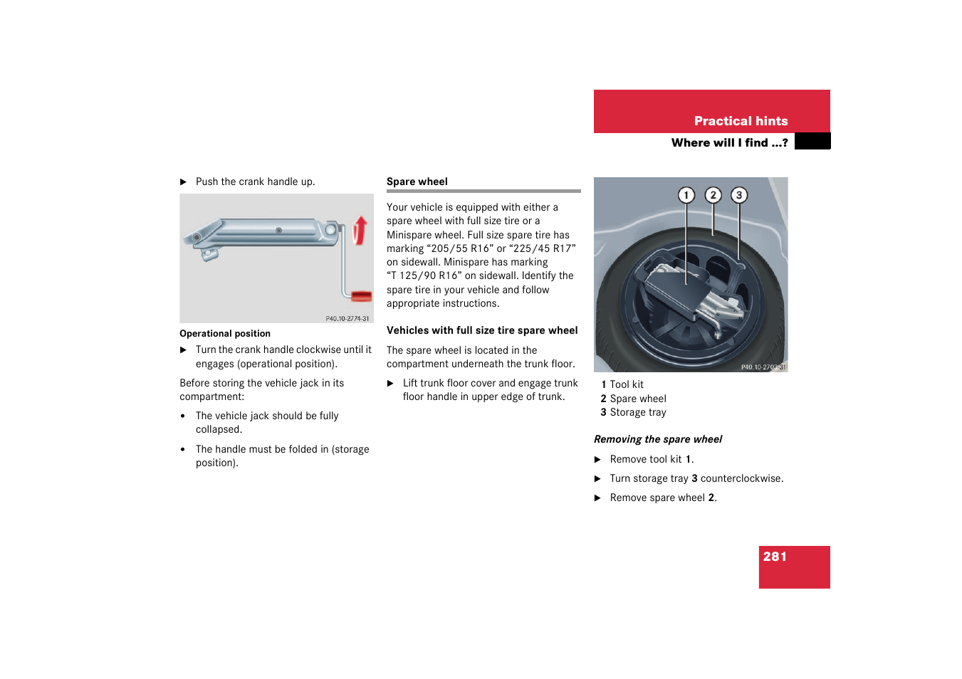Spare wheel | Mercedes-Benz 2003 C-Class User Manual | Page 281 / 376
