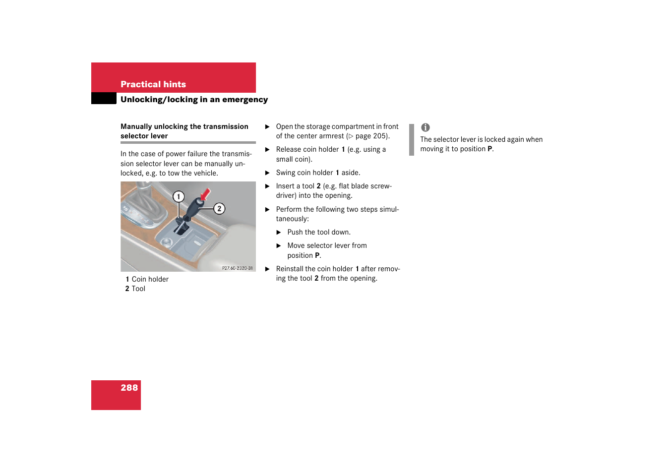 Manually unlocking the transmission selector lever | Mercedes-Benz 2003 C-Class User Manual | Page 288 / 376