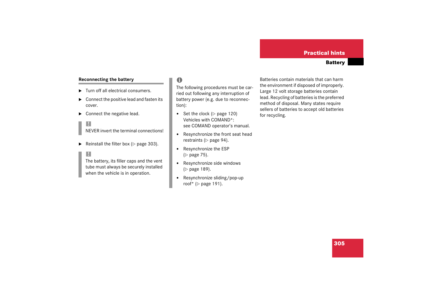 Reconnecting the battery | Mercedes-Benz 2003 C-Class User Manual | Page 305 / 376