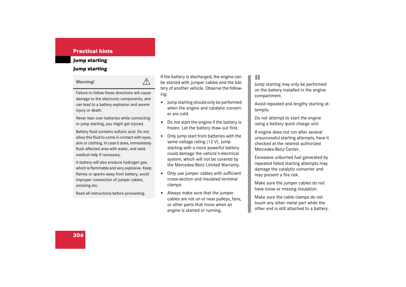 Jump starting | Mercedes-Benz 2003 C-Class User Manual | Page 306 / 376