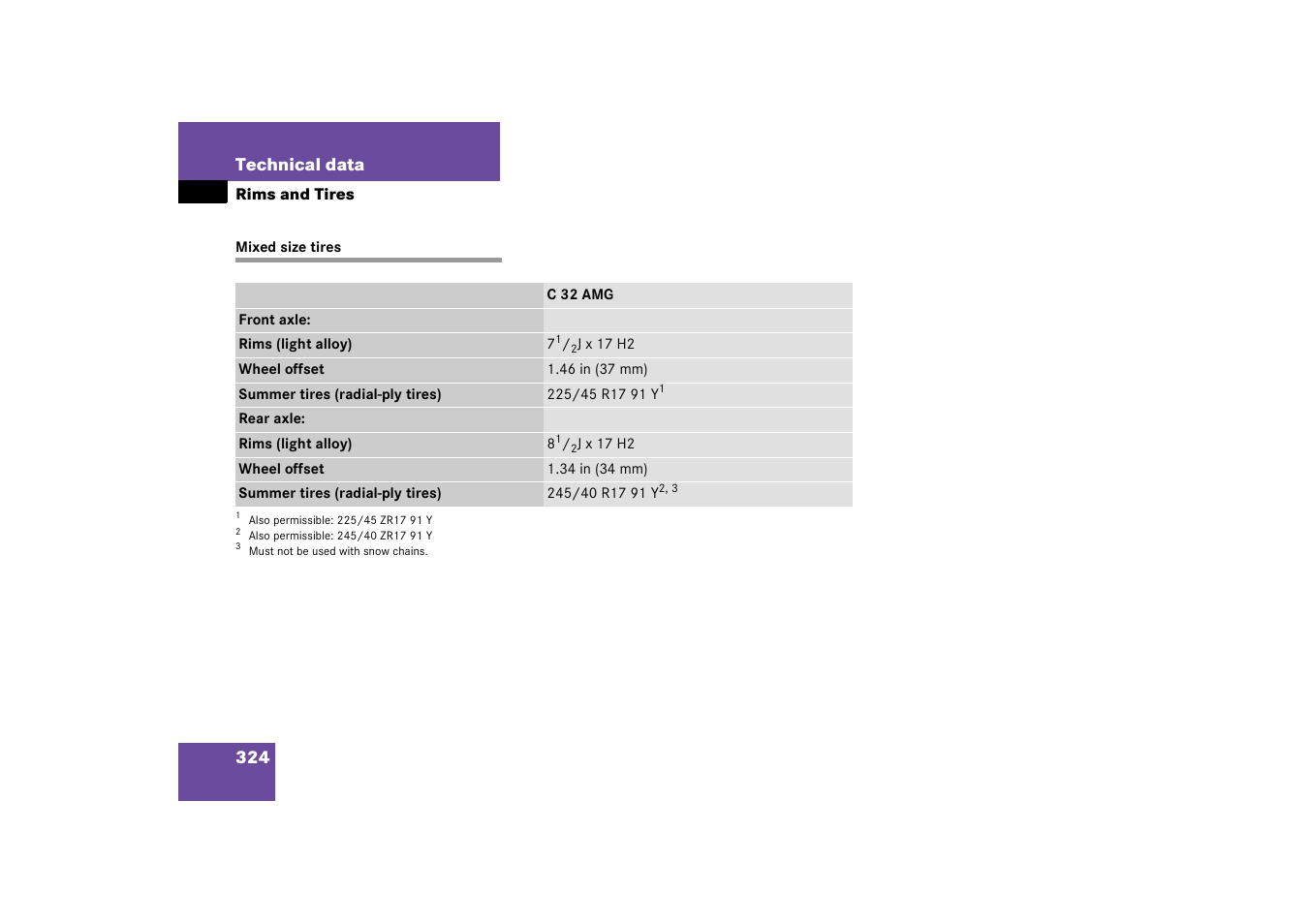 Mixed size tires | Mercedes-Benz 2003 C-Class User Manual | Page 324 / 376