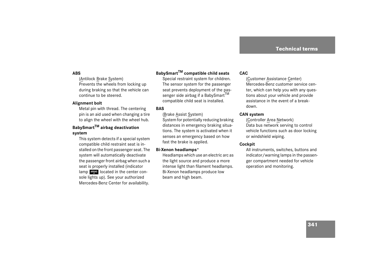 Technical terms | Mercedes-Benz 2003 C-Class User Manual | Page 341 / 376
