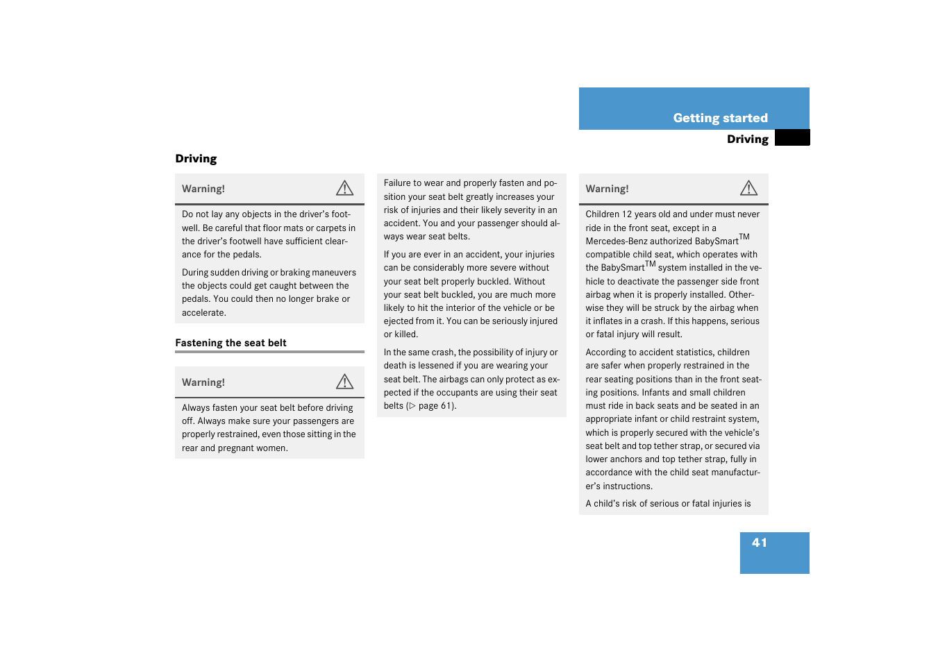 Driving:general instructions, Driving, Fastening the seat belt | Mercedes-Benz 2003 C-Class User Manual | Page 41 / 376