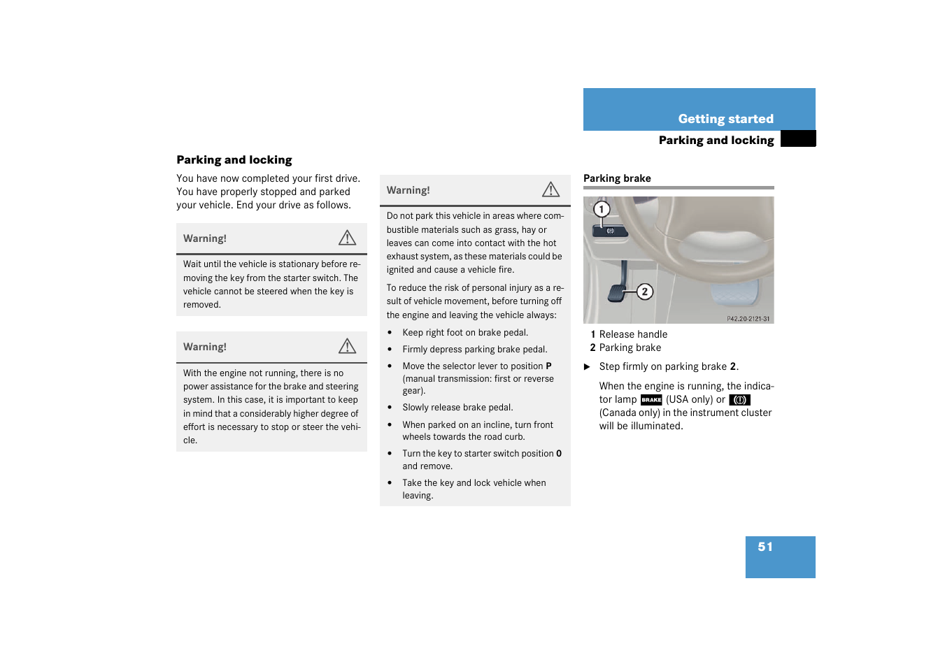 Parking;locking, Parking brake:engaging, Parking and locking | Parking brake | Mercedes-Benz 2003 C-Class User Manual | Page 51 / 376