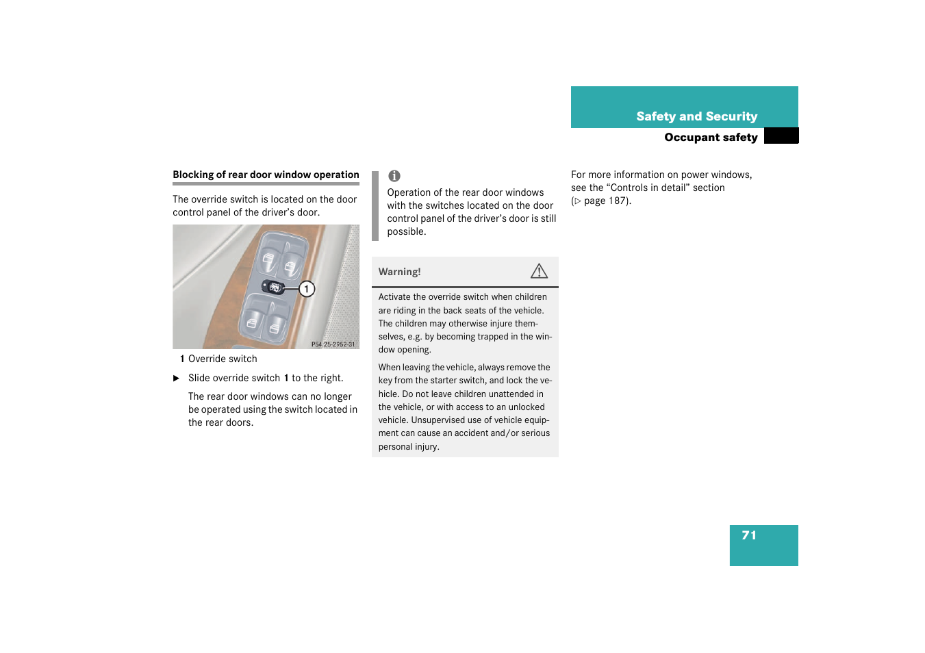 Blocking of rear door window operation | Mercedes-Benz 2003 C-Class User Manual | Page 71 / 376