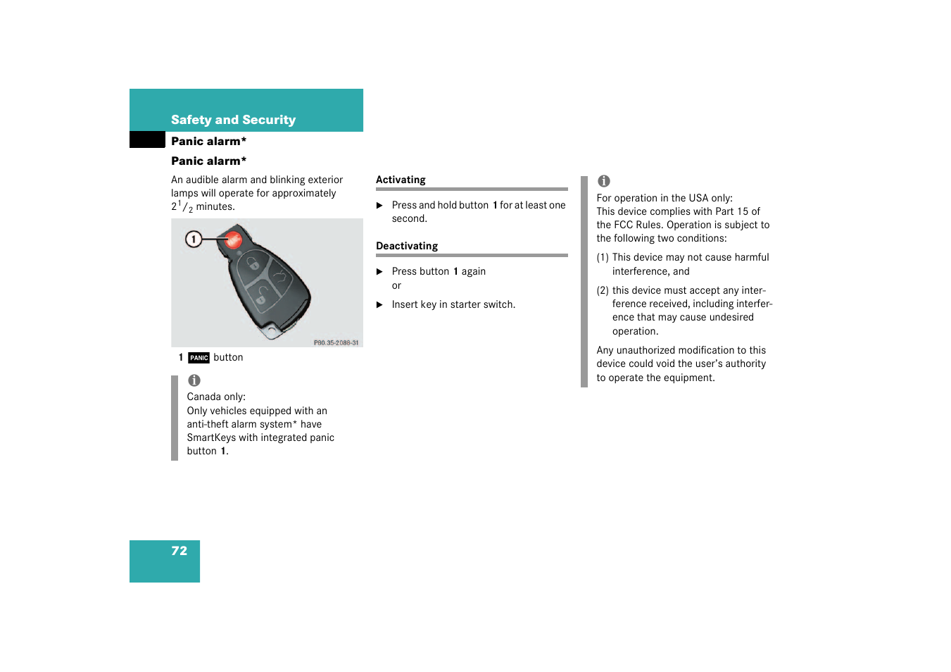 Panic alarm;panic alarm:panic button on smartkey, Activating, Deactivating | Panic alarm* activating deactivating, Tton, Panic alarm | Mercedes-Benz 2003 C-Class User Manual | Page 72 / 376