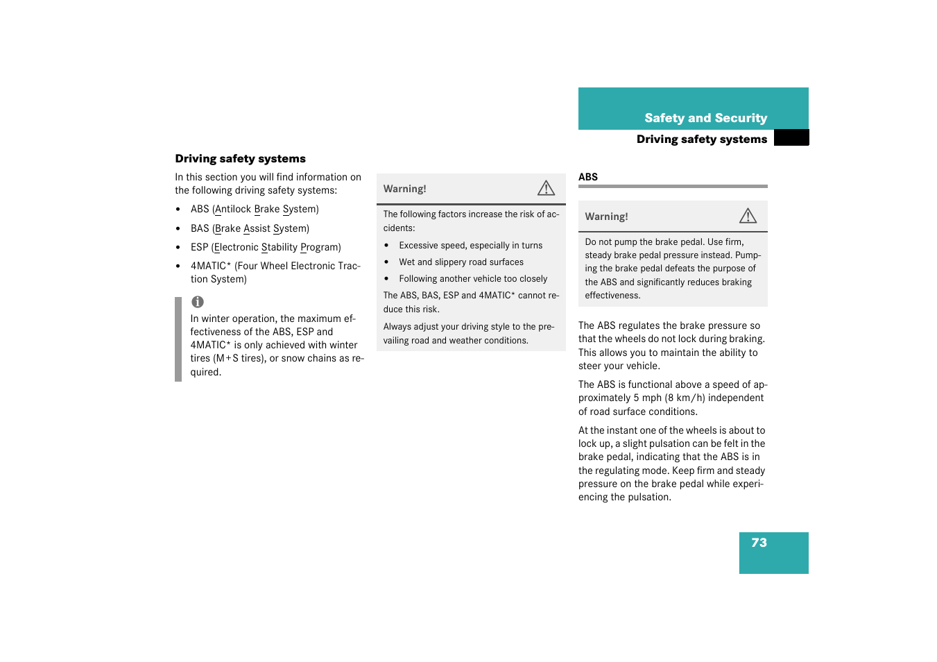 Driving safety systems:abs;abs, Driving safety systems | Mercedes-Benz 2003 C-Class User Manual | Page 73 / 376