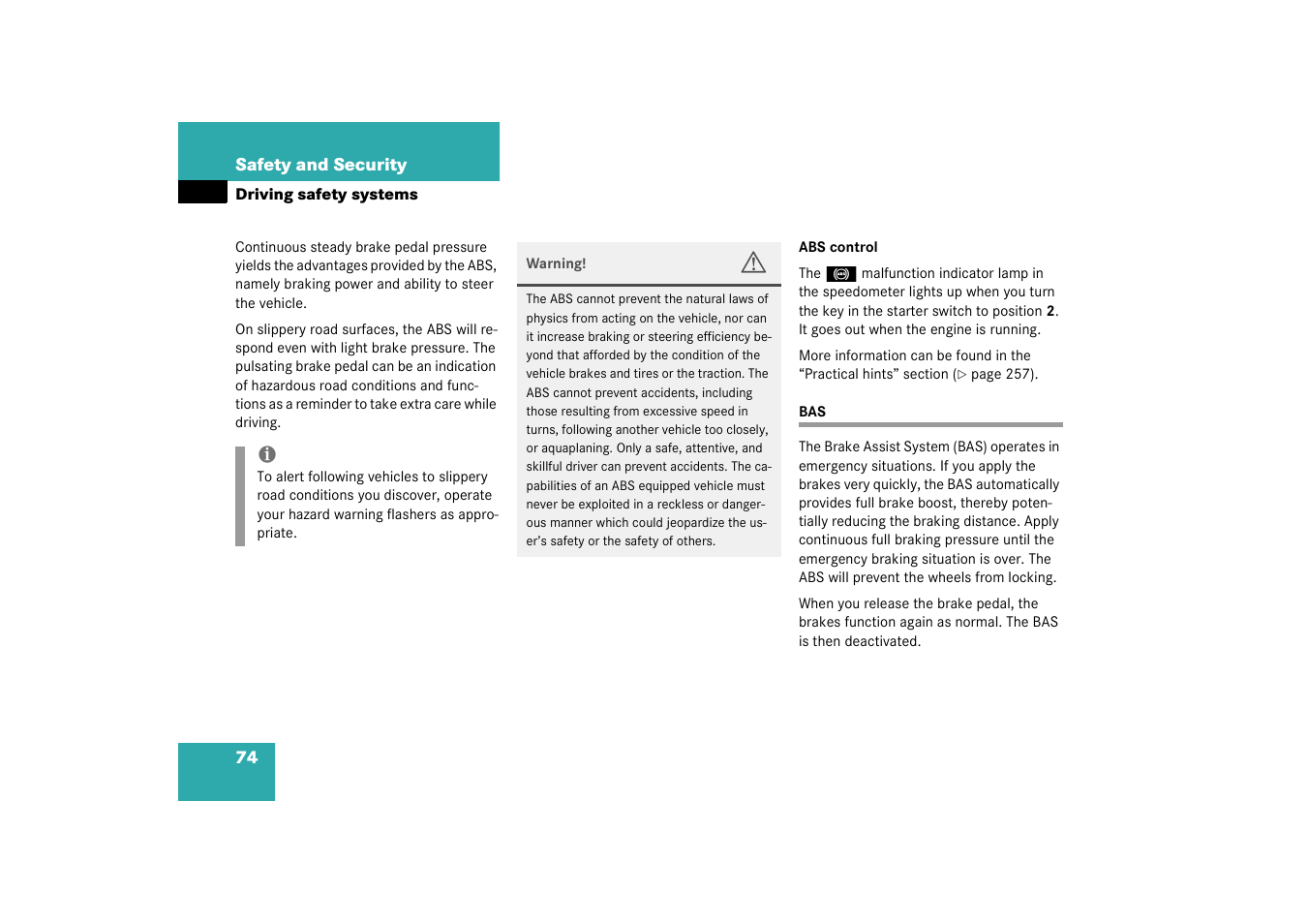 Driving safety systems:bas;bas | Mercedes-Benz 2003 C-Class User Manual | Page 74 / 376