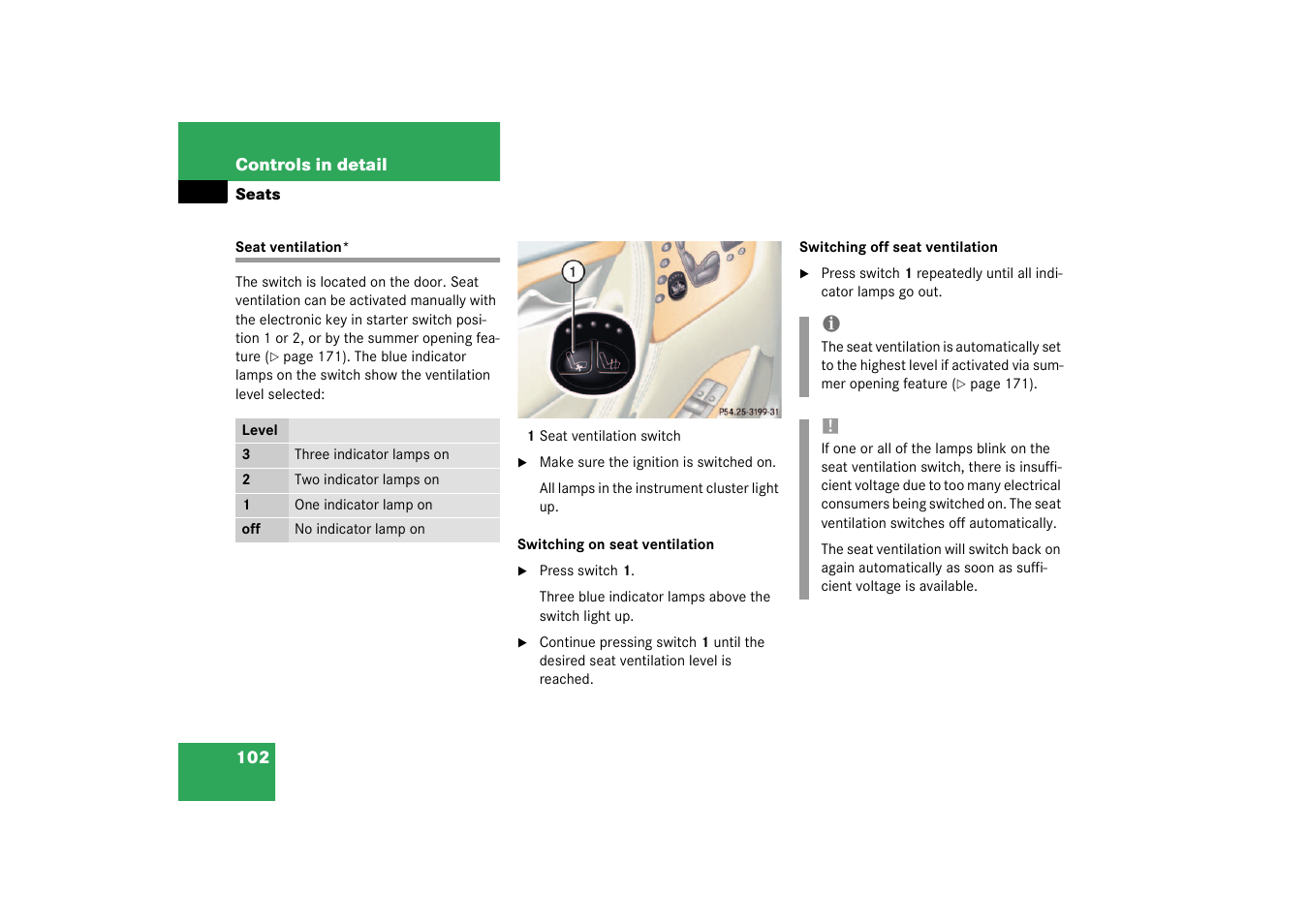 Seat ventilation | Mercedes-Benz 2003 CL 500 User Manual | Page 102 / 384