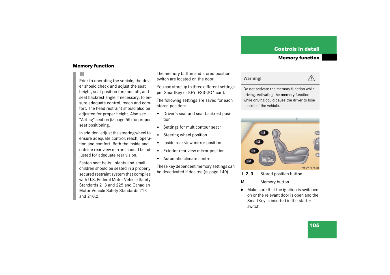 Memory function | Mercedes-Benz 2003 CL 500 User Manual | Page 105 / 384