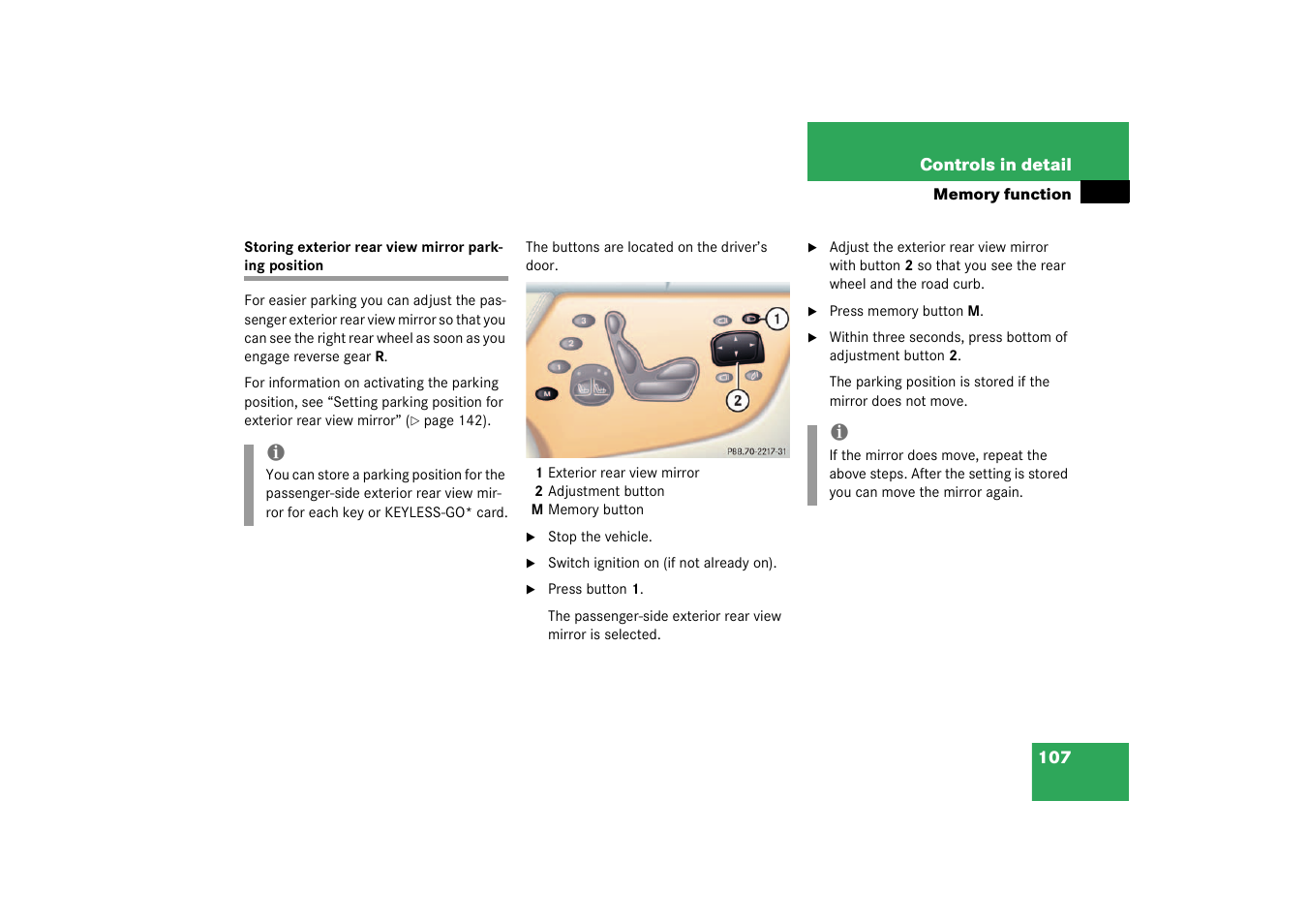 Storing exterior rear view mirror parking position | Mercedes-Benz 2003 CL 500 User Manual | Page 107 / 384