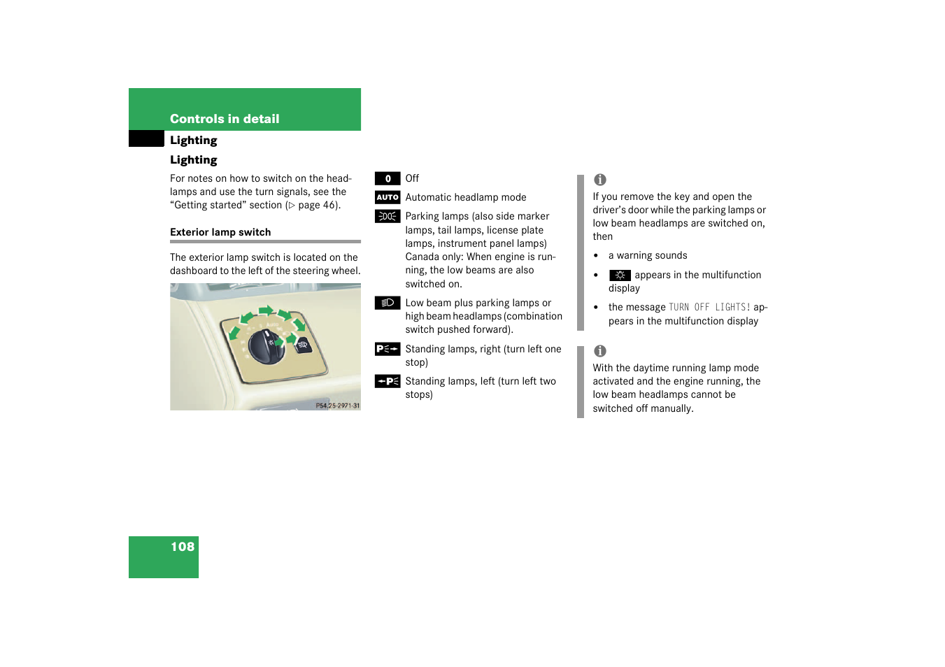 Lighting, Exterior lamp switch | Mercedes-Benz 2003 CL 500 User Manual | Page 108 / 384