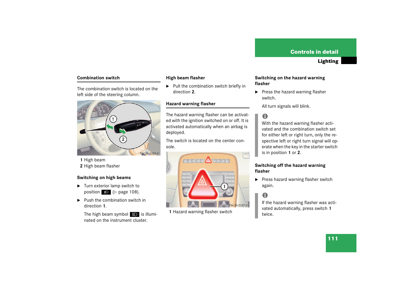 Combination switch, Hazard warning flasher, Combination switch hazard warning flasher | Mercedes-Benz 2003 CL 500 User Manual | Page 111 / 384