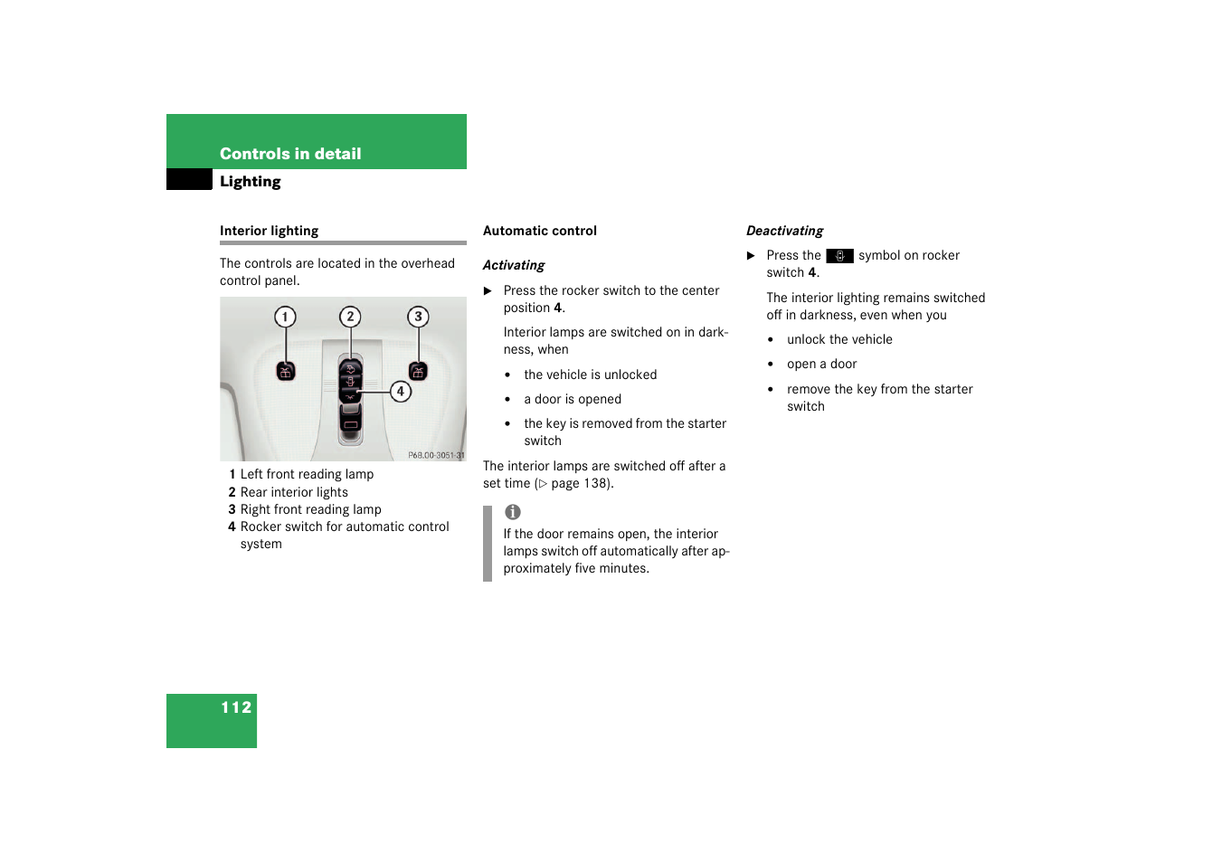 Interior lighting | Mercedes-Benz 2003 CL 500 User Manual | Page 112 / 384